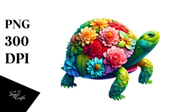 Vibrant Watercolor Turtle with 3D Flowers, PNG Product Image 1