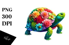Vibrant Watercolor Turtle with 3D Flowers, PNG Product Image 1