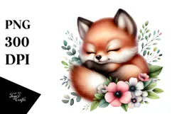 Digital Watercolor Cute Baby Fox Sleeping on a Flower, PNG Product Image 1