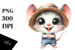 Baby Mouse with Big Eyes and Sun Hat Watercolor Clipart Product Image 1