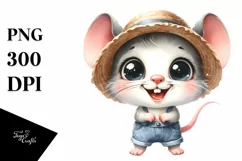 Baby Mouse with Big Eyes and Sun Hat Watercolor Clipart Product Image 3