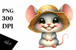 Baby Mouse with Big Eyes and Sun Hat Watercolor Clipart Product Image 1