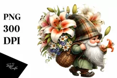 Detailed Watercolor Small Gnome Carrying Large Lily Bouquet Product Image 1