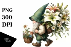 Detailed Watercolor Small Gnome Carrying Large Lily Bouquet Product Image 1