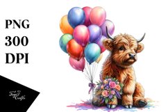 Colorful Baby Highland Cow with Bouquet of Balloons, Product Image 1