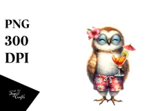 Owl in Beachwear Drinking Cocktail PNG Product Image 1