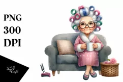 Old Lady Sitting on Couch with Hair Curlers | Clipart Product Image 1
