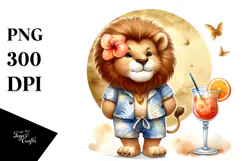 Cute Lion in Beachwear Drinking Cocktail, PNG Product Image 1