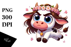 Cute Cartoon Cow with Flower Crown PNG Product Image 1