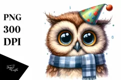 Funny Owl Portrait with Party Hat Watercolor Clipart Product Image 1