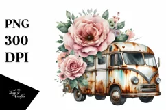 Vintage Rusty RV with Huge Flowers, Transparent PNG Product Image 1