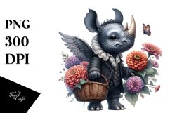 Detailed Gothic Baby Rhino with Zinnia Bouquet Product Image 1