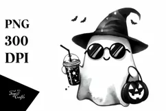 Cute Ghost with Sunglasses Holding Soda PNG Product Image 1
