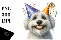 Goofy White Dog in Party Hat Clipart Product Image 1