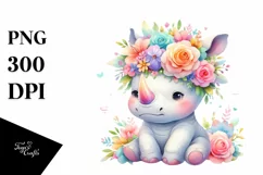 Colorful Flower Crown Rhinoceros | Sublimation Clipart Product Image 1