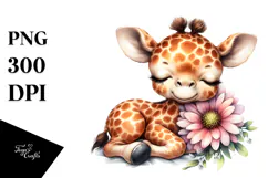 Digital Watercolor Baby Giraffe Sleeping on Flower, PNG Product Image 1