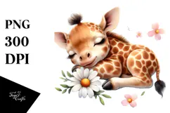 Digital Watercolor Cute Baby Giraffe Sleeping on a Flower, Product Image 1