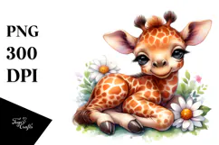 Digital Watercolor Cute Baby Giraffe Sleeping on a Flower, Product Image 1