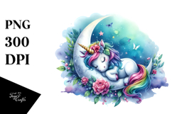 Colorful Watercolor of Unicorn Napping on a Moon Product Image 1