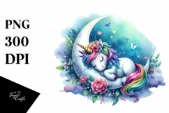 Colorful Watercolor of Unicorn Napping on a Moon Product Image 1