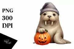 Cute Baby Walrus with Pumpkin PNG Product Image 3