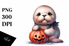 Cute Baby Walrus with Pumpkin PNG Product Image 3