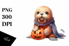 Cute Baby Walrus with Pumpkin PNG Product Image 3