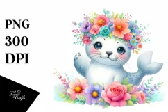 Seal with Colorful Flower Crown | Sublimation Clipart Product Image 1