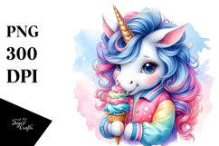 Colorful Baby Unicorn Eating Ice Cream, PNG Product Image 3