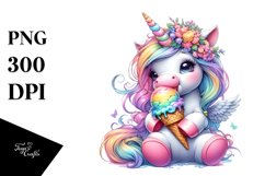 Colorful Baby Unicorn Eating Ice Cream, PNG Product Image 3