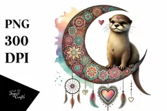 Baby Otter on Half Moon with Big Heart, PNG Product Image 1