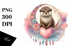 Baby Otter on Half Moon with Big Heart, PNG Product Image 1