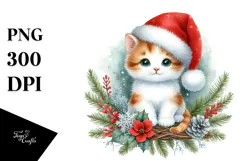 Watercolor Cat with Christmas Decorations PNG Product Image 1