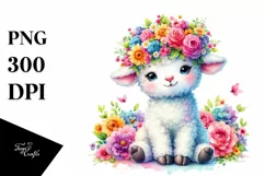 Cute Cartoon-Style Lamb with Flower Crown PNG Product Image 1