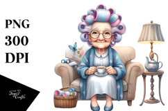 Old Lady Sitting on Sofa with Hair Curlers | Clipart Product Image 1