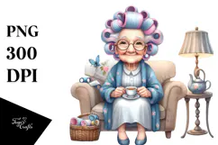 Old Lady Sitting on Sofa with Hair Curlers | Clipart Product Image 1