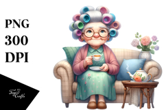 Old Lady Sitting on Sofa with Hair Curlers | Clipart Product Image 1