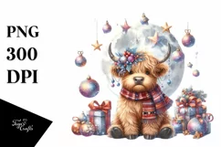 Cute Highland Cow Christmas Ornaments Glittery Moon PNG Product Image 1
