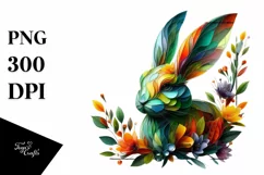 Vibrant Watercolor Rabbit with Flowers, PNG Product Image 1