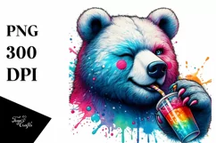 Quirky Bear Sipping Colorful Drink PNG Product Image 3