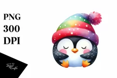 Colorful Watercolor Wimsical Penguin Sleeping | Clipart Product Image 1