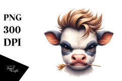 Angry Baby Cow with Cool Hair and Hay Straw, PNG Product Image 1