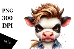 Angry Baby Cow with Cool Hair and Hay Straw, PNG Product Image 1