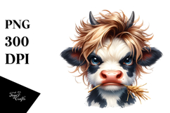 Angry Baby Cow with Cool Hair and Hay Straw, PNG Product Image 1