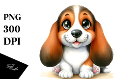 Watercolor Cute Cartoon Basset Hound with Big Eyes, PNG Product Image 1