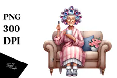 Watercolor Lady on Sofa with Hair Curlers | Clipart Product Image 1