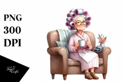 Watercolor Lady on Sofa with Hair Curlers | Clipart Product Image 1