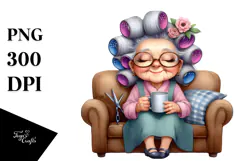 Watercolor Lady on Sofa with Hair Curlers | Clipart Product Image 1