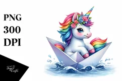 Colorful Unicorn Sailing on Paper Boat PNG Product Image 1