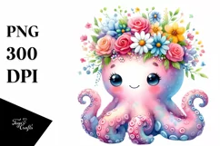 Vibrant Watercolor Octopus with Ocean Life PNG Product Image 3